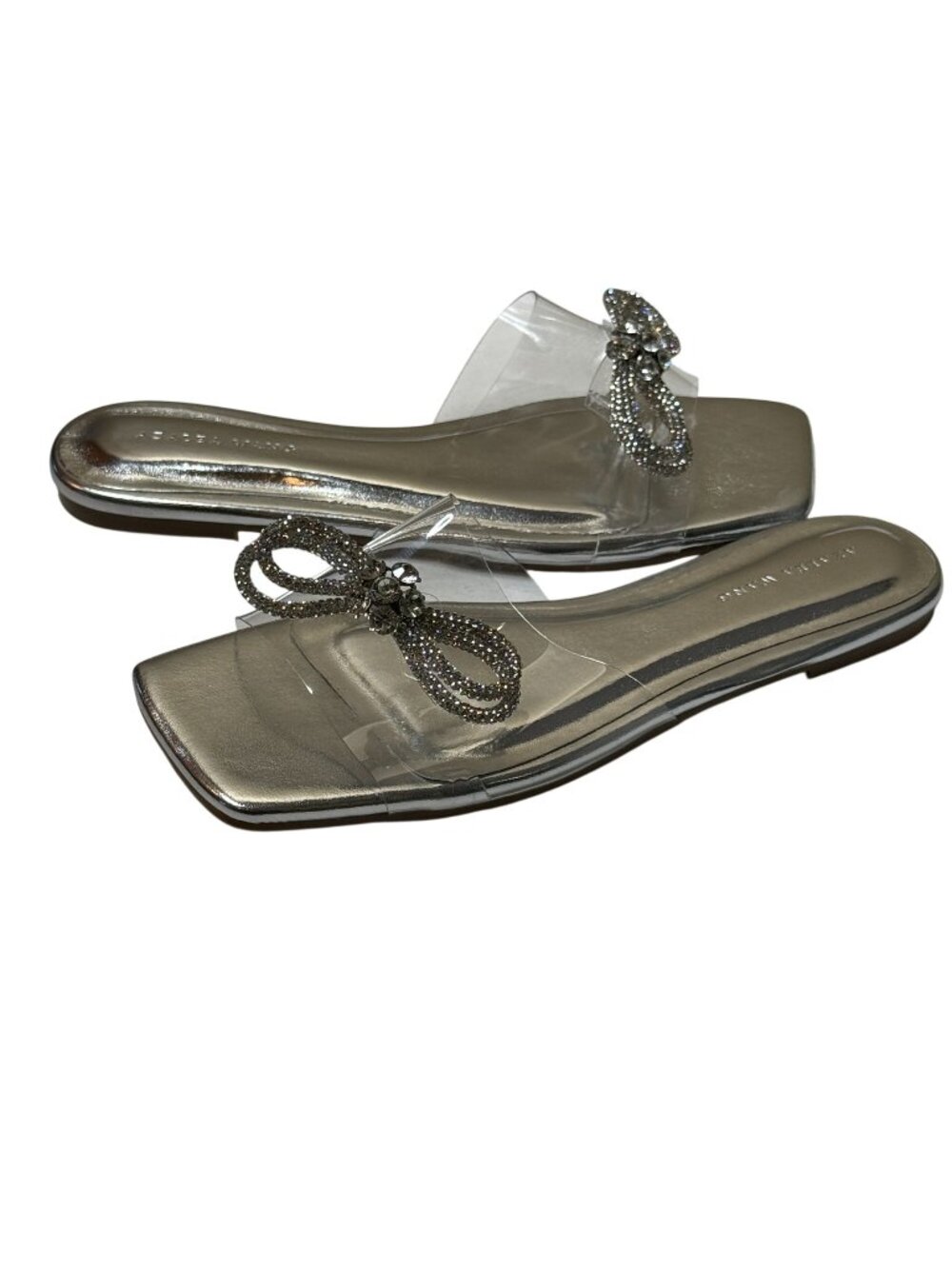 Azalea Wang Womens 7 Silver Rhinestone Bow Clear Strap Slide Sandals New